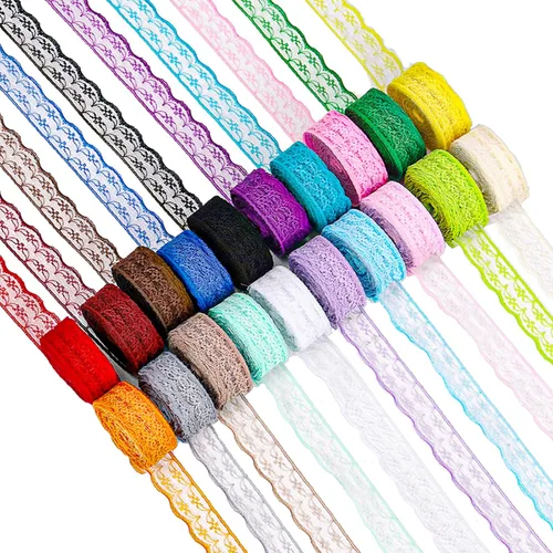 Swpeet 20 rollos de cinta de encaje colorida de 0.9 in x 10 yardas, patrón floral unilateral, poliéster, boda, ocasión, colores, ribete de encaje