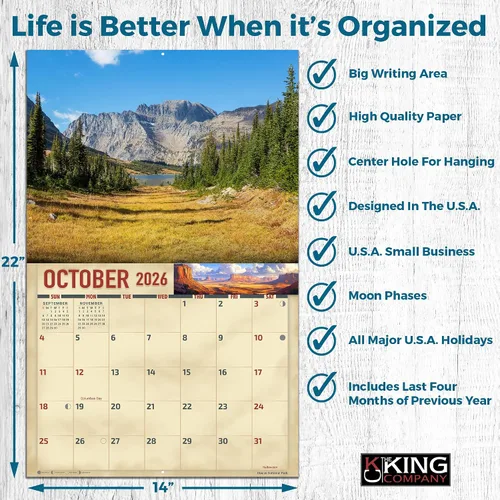 Miniatura 4 de The KING Company-Monster Calendars - Calendario de pared de parques nacionales 2026, 16 meses, tamaño XL, 14 x 22 pulgadas, calendario escénico