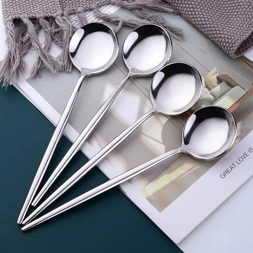 Miniatura 4 de Juego de 18 cucharas de mesa de acero inoxidable, cucharas redondas de mango largo, cucharas de caldo, juego de 18 (plateado, 8.3 pulgadas)