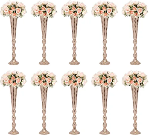 Miniatura 43 de Juego de 10 portavelas de metal dorado de 10.2 pulgadas de alto, florero, arreglo floral, candelabro, candelabro, portavelas para bodas, fiestas