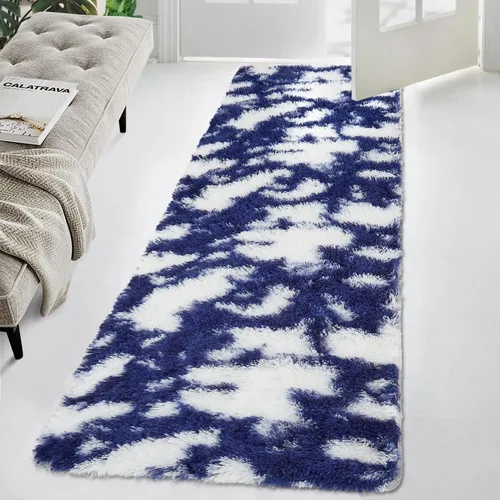 GAOMON Alfombra moderna de pelo largo azul y blanco para niños, de 2 x 6 pies, ultra suave, peluda, para interiores, alfombra de pelo alto,