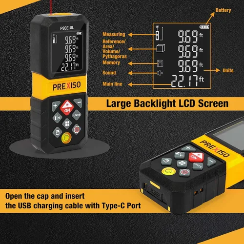 Miniatura 5 de PREXISO Medidor de distancia láser recargable de 265 pies con unidades de medición múltiple M/in/ft, pantalla LCD retroiluminada de 4 líneas y modos