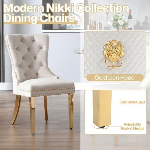 Miniatura 5 de Juego de 2 sillas de comedor de terciopelo Homedraft, colección Nikki para comedor con patas doradas de acero inoxidable y anillo de tirador