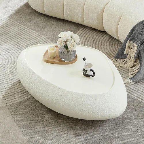 Miniatura 34 de Ø35.43'' Mesa de café redonda para sala de estar, moderna mesa de café en forma de tambor, material de fibra de vidrio, sin ensamblaje, beige