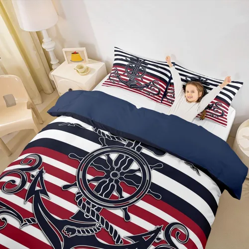 Miniatura 38 de Erosebridal Funda de edredón de ancla náutica, juego de ropa de cama con brújula oceánica, tamaño individual para niños, adolescentes, adultos