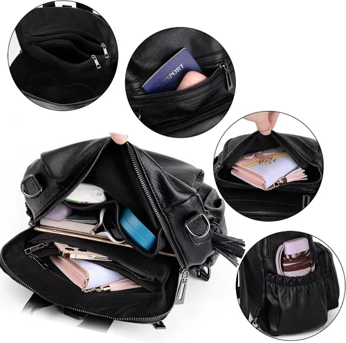Miniatura 8 de UTO Mochila de cuero vegano para mujer, diseño de moda, convertible con borla, para viajes, con borla