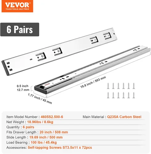 Miniatura 7 de VEVOR 6 pares de deslizadores de cajón de cierre suave de 20 pulgadas 14 16 18 20 22 24 pulgadas de montaje lateral resistentes, deslizadores