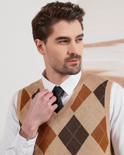 Miniatura 4 de Kallspin Suéter tipo chaleco con rombos para hombre, mezcla de lana, cuello en V, sin mangas
