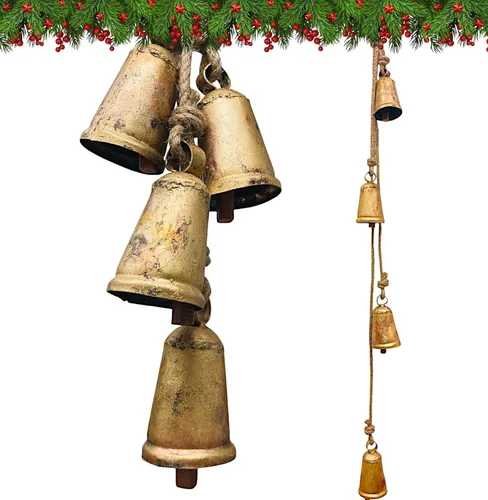 Juego de 4 campanas rústicas colgantes de metal estilo shabby chic, campanas de vaca de meditación de inspiración tibetana con cuerda de yute,