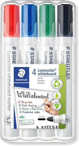 STAEDTLER Lumocolor - Marcador de pizarra blanca, punta ancha, caja de 4 colores surtidos (rojo, azul, verde, negro), 351 WP4
