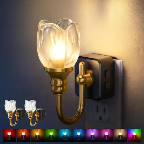 Miniatura 22 de DORESshop Luz nocturna LED, luces nocturnas giratorias que se enchufan a la pared con sensor de luz automática de 3000 K luz nocturna con brillo