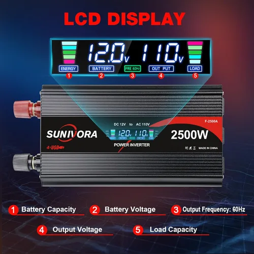 Miniatura 2 de Inversor de corriente de 2500 vatios de 12 V a 110 V/120 V CC a CA, pico de 5000 W, con control remoto y LCD, 4 salidas de CA y 4 puertos USB