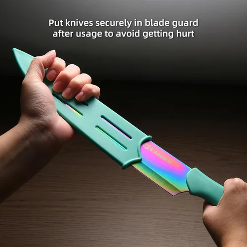 Miniatura 6 de Juego de cuchillos de cocina con protectores, juego de cuchillos de acero inoxidable con revestimiento de titanio arcoíris de 13 piezas