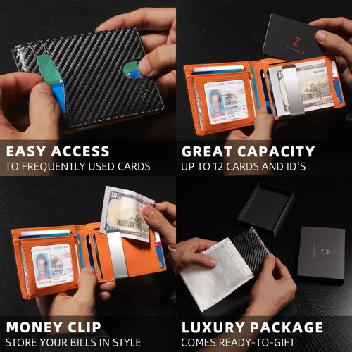 Miniatura 38 de Zitahli - Billetera delgada con 12 ranuras para tarjetas, ventana de identificación con clip para dinero, bolsillo frontal RFID plegable, pequeña
