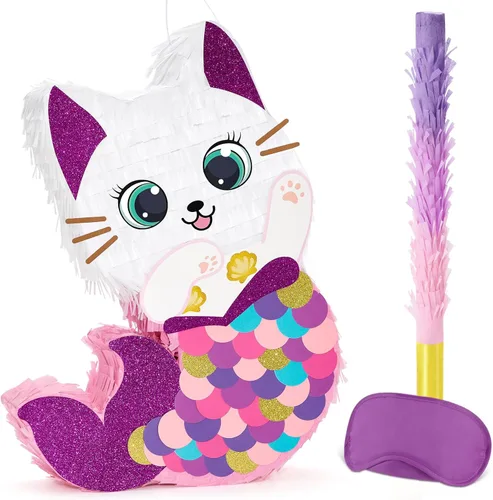 Miniatura 86 de WERNNSAI - Piñata de sirena plegable, piñata de cumpleaños con flecos que incluye cuerda para jalar, venda y bate. Decoraciones