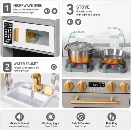 Miniatura 3 de Juego de Cocina de Madera Grande de Rincón con Juego de Hielo, Dispensador de Agua, Panificadora, Lavadora, Pantalla Electrónica, Fregadero de gris