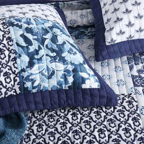 Miniatura 9 de ENASAL - Juego de colcha de algodón, juego de cubrecama reversible, lujoso diseño de retazos florales azul y blanco, colcha reversible, tamaño queen
