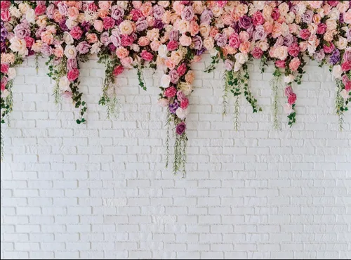Miniatura 7 de Telón de fondo floral de pared de ladrillo blanco de 5 x 3 pies con flores colgantes, telón de fondo de fotos de jardín de primavera para despedida