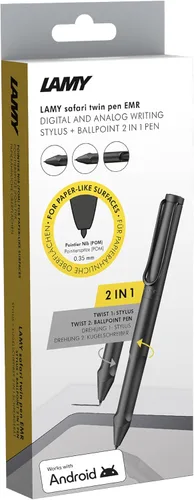 LAMY Safari Twin Pen EMR All Black (punta POM) - Lápiz capacitivo 2 en 1 para muchos dispositivos Android y bolígrafo en uno, con agarre ergonómico,