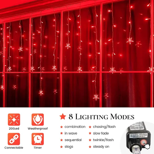 Miniatura 2 de Cadena de luces de Navidad con diseño de carámbanos de 200 LED con estrella, 5 metros de largo, 40 gotas, 8 modos con temporizador, luces