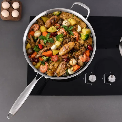Miniatura 6 de LOLYKITCH Sartén tricapa de acero inoxidable de cuerpo entero de 5.5 QT con tapa, sartén para freír de 12 pulgadas, olla grande, apta para Plateado