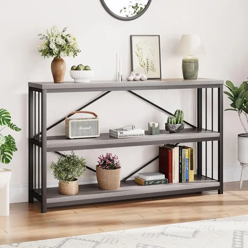 LVB Mesa de Entrada Estilo Granja, Mesa Consola de Metal y Madera para Pasillo, Mesa de Sofá Rústica Industrial con Estante de Almacenamiento de 3