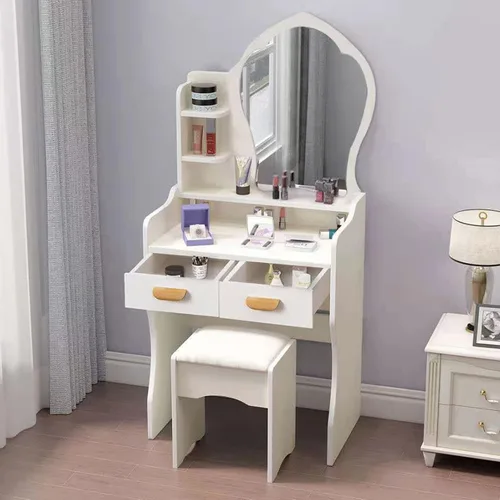 Miniatura 18 de QQXX Juego de tocador grande con espejo, tocador de maquillaje con estantes de almacenamiento y 4 cajones, taburete acolchado para dormitorio