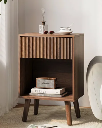 Miniatura 11 de Mesita de noche, mesa auxiliar moderna con cajones de almacenamiento y estante de madera abierto, mesita de noche con patas de madera maciza, mesas