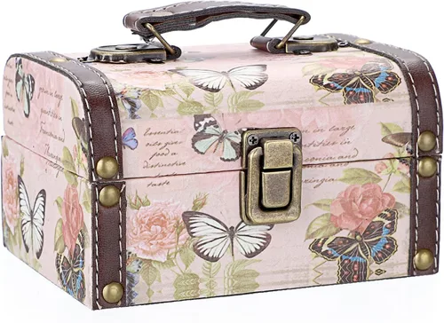 ELLDOO Caja Decorativa de Cofre del Tesoro, Caja de Almacenamiento de Madera + Cuero PU para Joyas y Baratijas, Caja de Recuerdos para Mujeres y