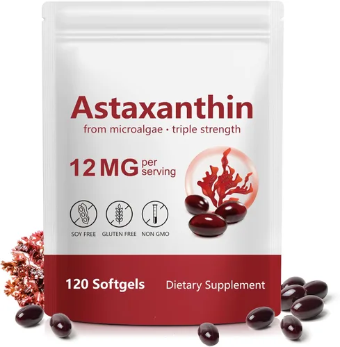 Suplementos de astaxantina de 12 mg, suplemento antioxidante de astaxantina, 120 cápsulas blandas para suministro de 4 meses, microalgas naturales