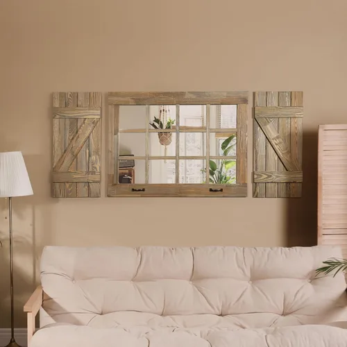 Miniatura 4 de Espejo decorativo grande para ventana, espejos de granja resistentes para decoración de pared con 12 espejos de vidrio real y dos persianas rústicas
