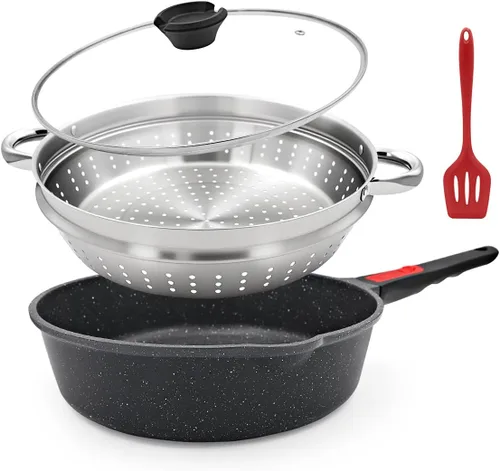 Sartén antiadherente de 12 pulgadas con vaporizador, sartén profunda de 5 cuartos de galón con tapa, utensilios de cocina para cocinar, mango Negro