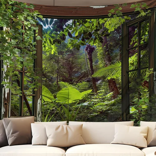 Miniatura 27 de QGHOT Tapiz de bosque brumoso, tapiz de montaña natural para colgar en la pared, paisaje de acuarela verde salvia, arte de pared para dormitorio