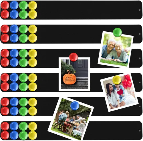 Juego de 6 tiras magnéticas de 15 x 2 pulgadas para tablón de anuncios de recuerdo, con 48 imanes coloridos para oficina, hogar, pared, notas, fotos