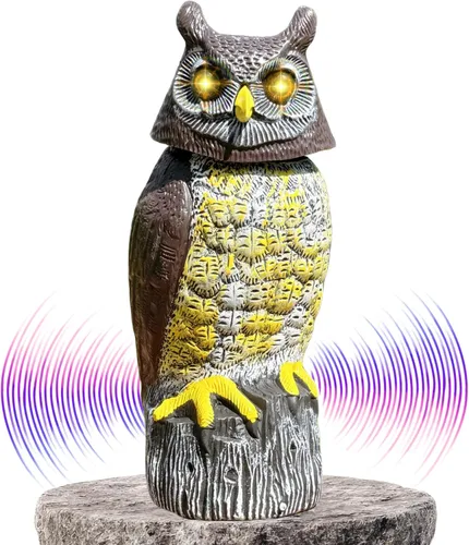 Protector solar de búho con detector de movimiento, ojos intermitentes, cabeza giratoria, sonido realista y modo silencioso, búho de jardín, estatua