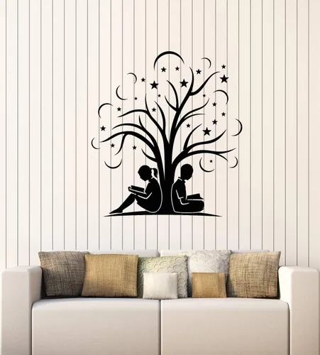 Vinilo adhesivo de pared para libros, árbol, biblioteca, niña, niño, sala de lectura, decoración grande (g3861), color negro