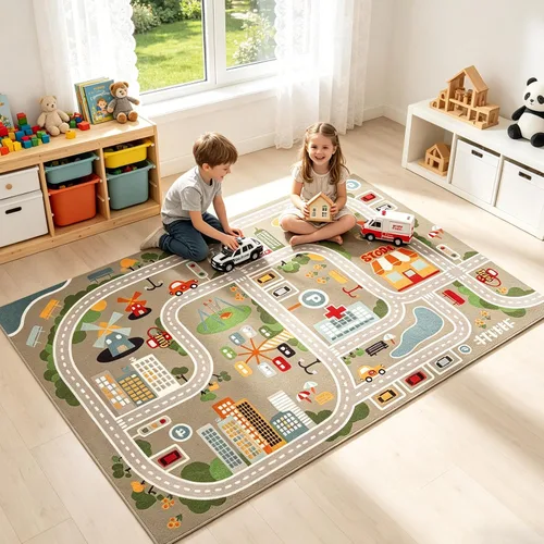 Miniatura 10 de Alfombra de juegos para niños para autos de juguete y tren, alfombra de área de juegos con respaldo de goma, divertida alfombra decorativa, regalo