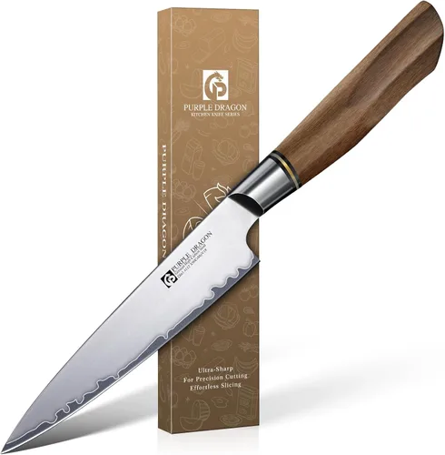 Miniatura 15 de Juego de 4 cuchillos de carne serrados de Purple Dragon de acero alemán de alto carbono con mango cuadrado de madera - Corte sin esfuerzo - Regalo