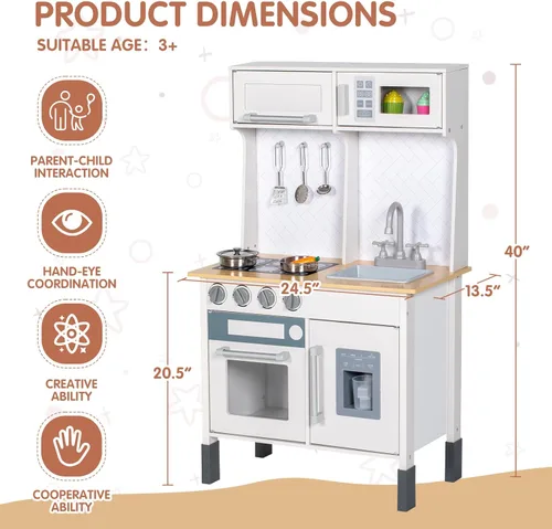 Miniatura 7 de BRINJOY Juego de cocina para niños, cocina de madera para niños con grifo, fregadero, estufa, horno, utensilios de cocina, gabinetes de Blanco