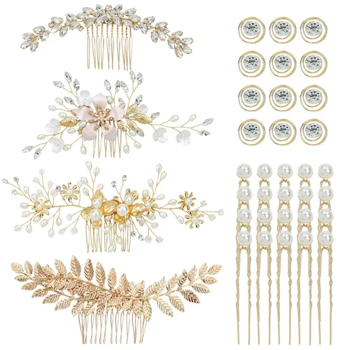 Miniatura 9 de inSowni 36 Pack Horquillas para el pelo de novia con flores doradas y hojas, peines laterales para el pelo de novia+pinzas para el pelo
