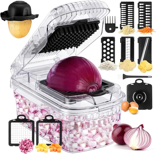 Miniatura 10 de Picador de verduras, picador de alimentos multifuncional 12 en 1, picador profesional de cebolla con 7 cuchillas, cortador de verduras con Blanco
