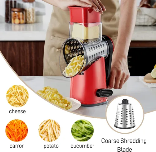 Miniatura 5 de Weltonhm Ralladores rotativos de queso con 4 cuchillas, rallador de queso de manivela con rebanador de waffles, rallador de queso rojo, negro y Rojo