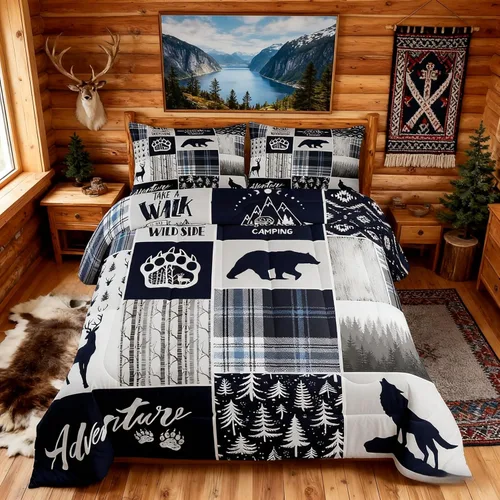 Miniatura 120 de Juego de edredón de cuernos de ciervo tamaño individual, juego de ropa de cama rústica de granja con huellas de oso y pinos para decoración