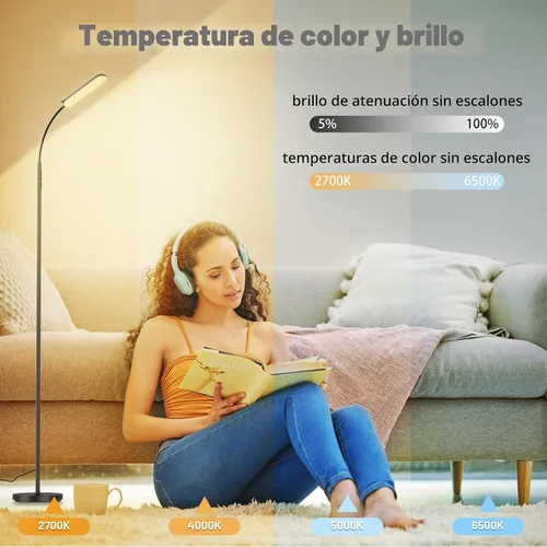 Miniatura 3 de Yikuneng Lámpara de pie LED regulable, lámparas de lectura superbrillantes, lámpara de pie con control remoto y táctil, atenuación continua y Negro