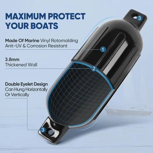 Miniatura 4 de Dreizack Boat Fenders 4 Pack, Boat Bumpers for Docking with 4 Ropes, Inflatable Ribbed Marine Pontoon Boat Fender Bumper for Docks with 1 Storage