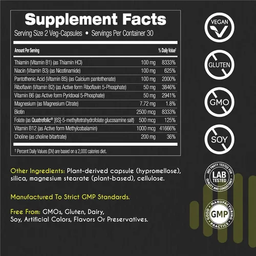 Miniatura 5 de myBrainCo. Complejo Active-B – Suplemento de vitamina B activada de alta resistencia con folato B2, B6, B12 y metilo – Apoya la energía, la función