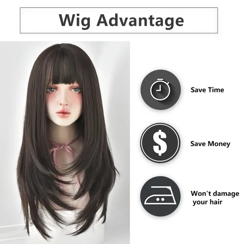 Miniatura 6 de 7JHH WIGS - Peluca de cabello sintético largo y liso con flequillo para mujer, aspecto natural (22 pulgadas, té negro)
