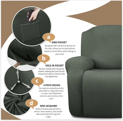 Miniatura 3 de JIVINER Fundas de sofá reclinable de 8 piezas, fundas elásticas de jacquard para sofá reclinable, fundas para sala de estar, protector suave de 3