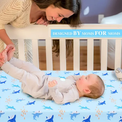 Miniatura 6 de UOMNY Sábana bajera para cuna para niños tiburón, sábana bajera ajustable para cuna estándar y colchones para niños pequeños, sábanas de cuna marina