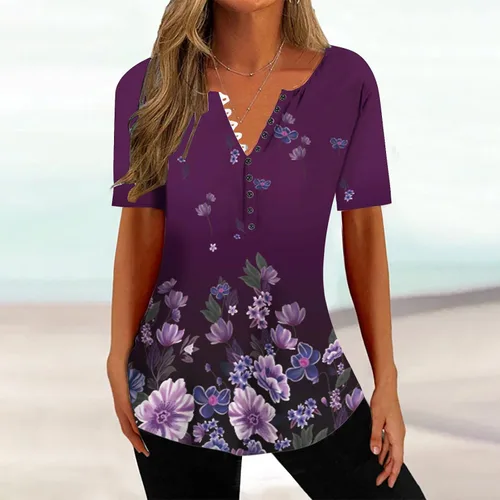 Miniatura 10 de Summer Shirts for Women 2025 Plus Size Short Sleeve Henley Tops Marble Floral Loose Tshirt Tee Casual Dressy Tunics